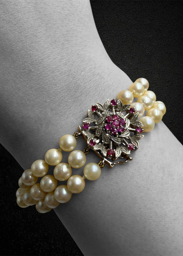 Bracelet Roberto Borghesi - Bracelet trois rangs de perles en or blanc 18 k et rubis 58 Facettes