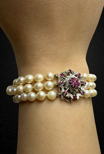 Bracelet Roberto Borghesi - Bracelet trois rangs de perles en or blanc 18 k et rubis 58 Facettes