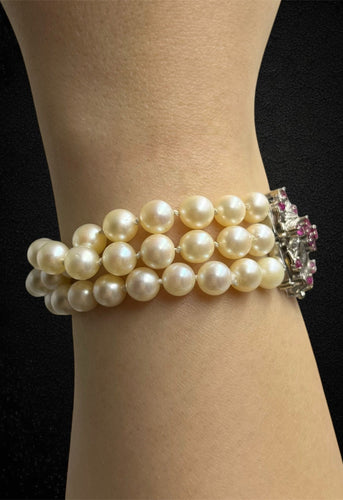 Bracelet Roberto Borghesi - Bracelet trois rangs de perles en or blanc 18 k et rubis 58 Facettes