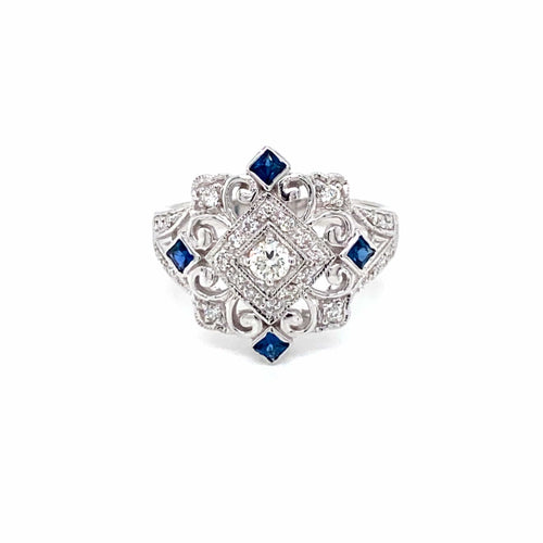 Bague 54 Bague cocktail Art déco en or blanc 14k, saphirs et diamants 58 Facettes