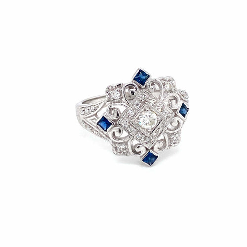 Bague 54 Bague cocktail Art déco en or blanc 14k, saphirs et diamants 58 Facettes