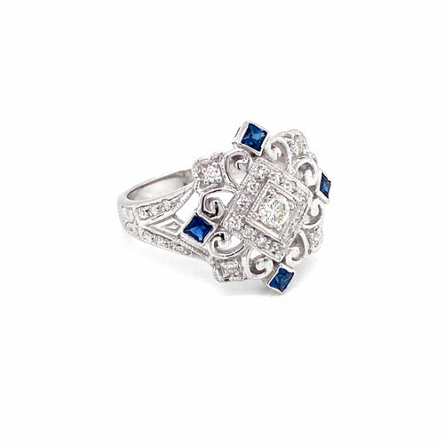 Bague 54 Bague cocktail Art déco en or blanc 14k, saphirs et diamants 58 Facettes