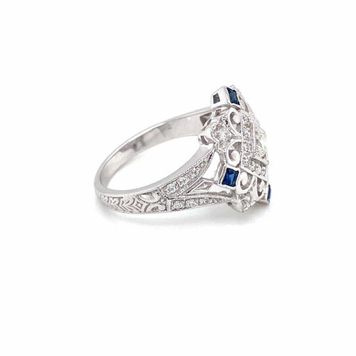 Bague 54 Bague cocktail Art déco en or blanc 14k, saphirs et diamants 58 Facettes