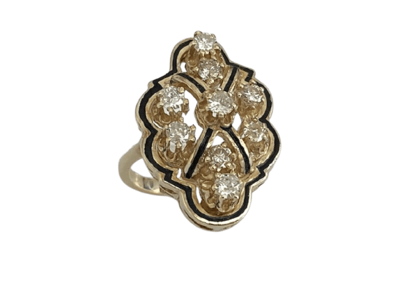 50 Bague cocktail vintage en or jaune 14 ct et diamants 58 Facettes ring