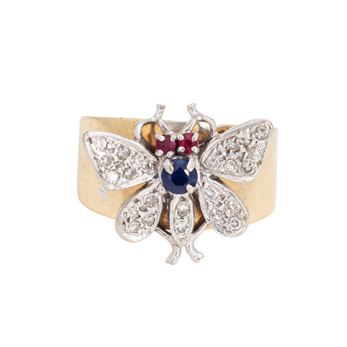 Bague 52 Bague papillon vintage en or jaune et blanc 14 carats, diamants 58 Facettes G13163