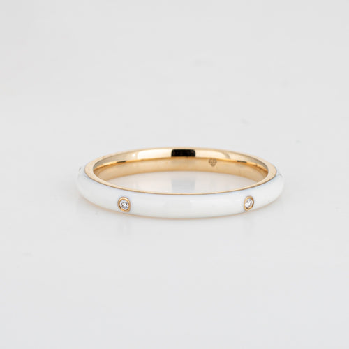 Bague 53 Bague anneau empilable en or jaune 14k, émail blanc et diamants 58 Facettes G13157