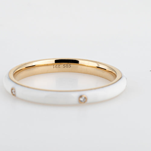 Bague 53 Bague anneau empilable en or jaune 14k, émail blanc et diamants 58 Facettes G13157