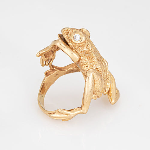 Bague 57 Bague grenouille vintage années 1970 en or jaune 14k et diamants 58 Facettes G14210