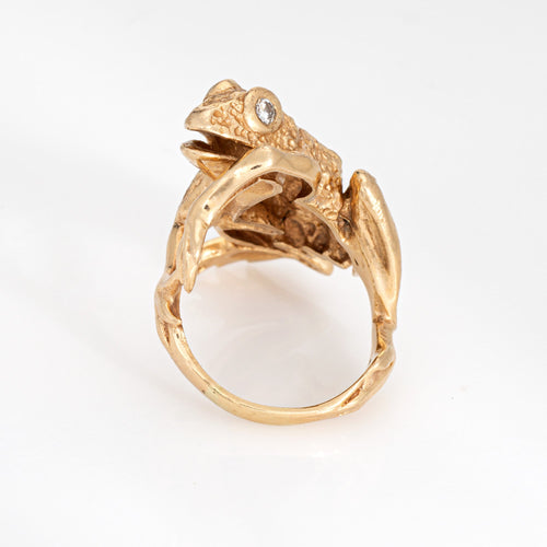 Bague 57 Bague grenouille vintage années 1970 en or jaune 14k et diamants 58 Facettes G14210