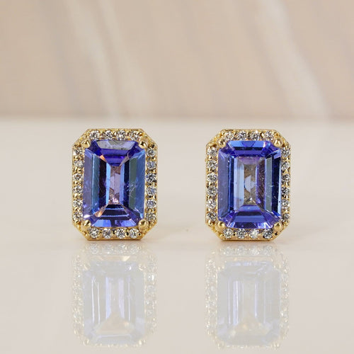 Boucles d'oreilles Boucles d'oreilles en or jaune 14 ct, tanzanites GFCO et diamants 58 Facettes E0035