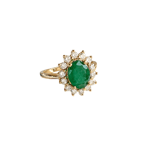 Ring Marguerit i 18K gult guld, smaragd og diamanter 