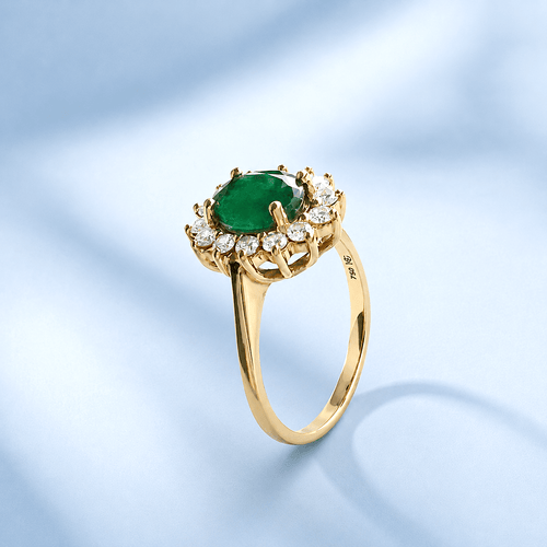 Bague 54.5 Bague marguerite en or jaune 18K, émeraude et diamants 58 Facettes 1790