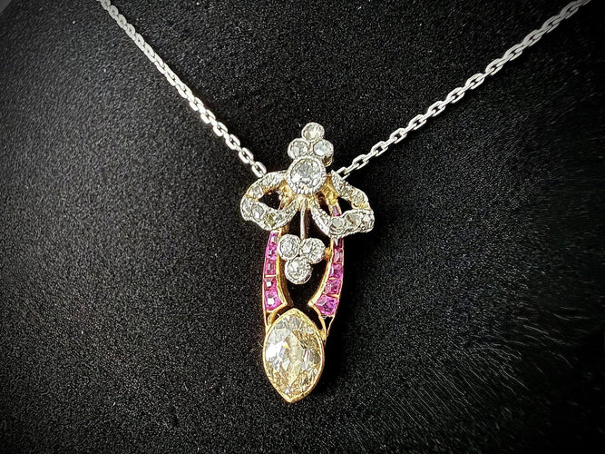 Art Nouveau - Pendentif en or jaune, argent, diamants et rubis 58 Facettes Bague 4