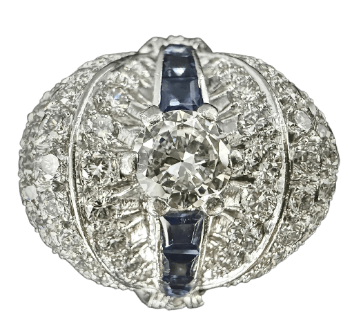 Art Deco - Koktejlový prsten z Platina, diamantů a safírů 