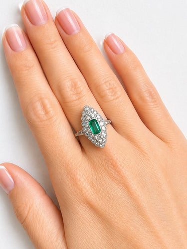 Bague 58 Belle Époque - Bague navette en platine, émeraude et diamants 58 Facettes Bague 6