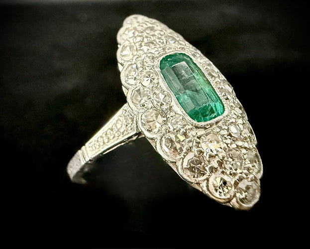 Bague 58 Belle Époque - Bague navette en platine, émeraude et diamants 58 Facettes Bague 6