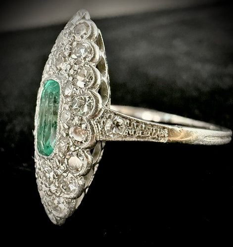 Bague 58 Belle Époque - Bague navette en platine, émeraude et diamants 58 Facettes Bague 6