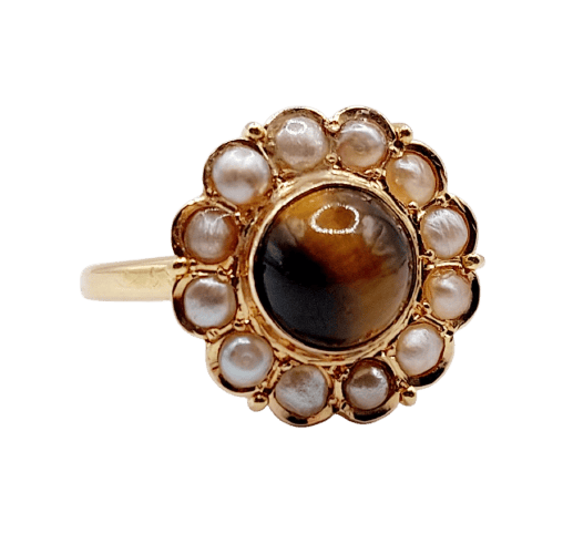 Bague 50 Bague marguerite vintage en or 18k, quartz œil de tigre et perles 58 Facettes A07563