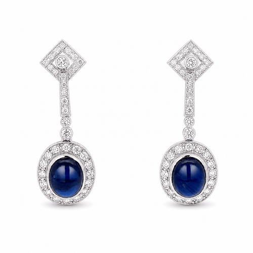Boucles d'oreilles Boucles d'oreilles en platine avec saphirs cabochons et diamants 58 Facettes 50476