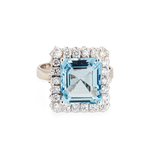 Bague 58 Bague cocktail carrée vintage en or blanc 18k, aigue-marine et diamants 58 Facettes G13366