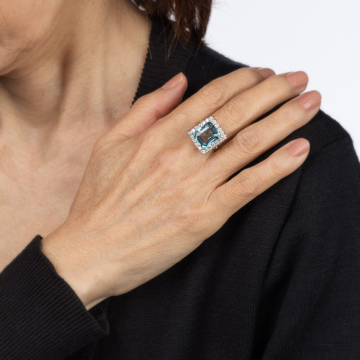 Bague 58 Bague cocktail carrée vintage en or blanc 18k, aigue-marine et diamants 58 Facettes G13366
