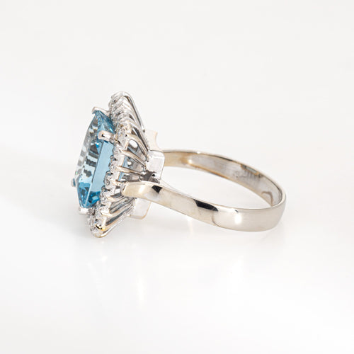 Bague 58 Bague cocktail carrée vintage en or blanc 18k, aigue-marine et diamants 58 Facettes G13366