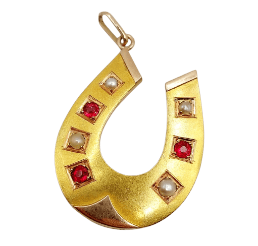 Pendentif fer à cheval en or 18k, perles et verres rouges 58 Facettes A07533