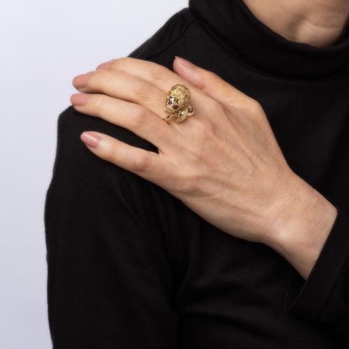 Bague 58 Bague lion vintage en or jaune 18 carats, diamants et rubis 58 Facettes G12697