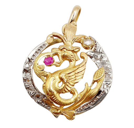 Chimera pendant in rose gold, platinum, diamonds, pearl and ruby 
