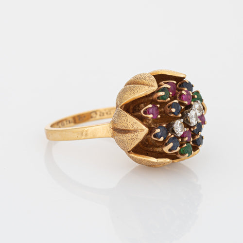 Bague 50 Bague tulipe vintage années 1960 en or jaune 18k, diamants et pierres 58 Facettes G12692
