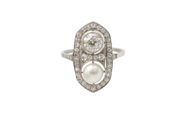Art Deco - Prsten z Platina, diamant 0,80 ct a perla 