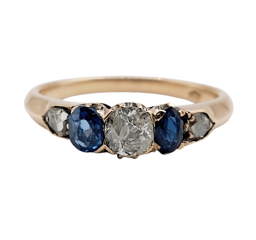 54.5 Bague antique en or rose 14K, diamant taille ancienne et saphirs 58 Facettes A07419
