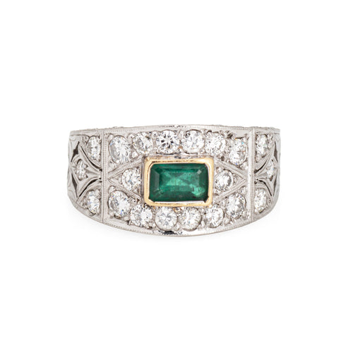 Bague 56 Bague large en platine 900 avec émeraude et diamants - taille 56 (FR) 58 Facettes G13414