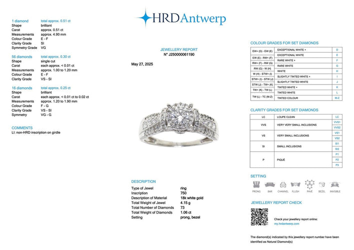 56 Bague halo en or blanc avec diamants naturels certifiée HRD 58 Facettes A2086