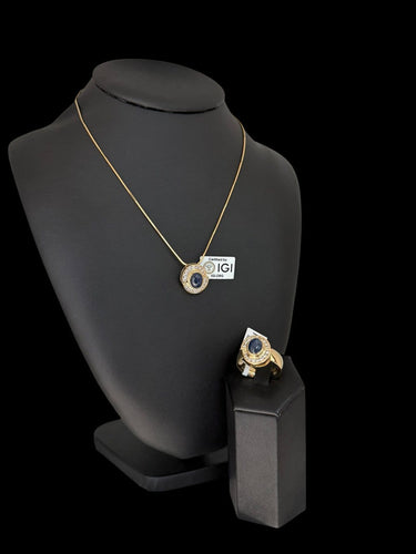Bague et pendentif en or jaune, diamants et saphirs, certifiés IGI 58 Facettes PA1523
