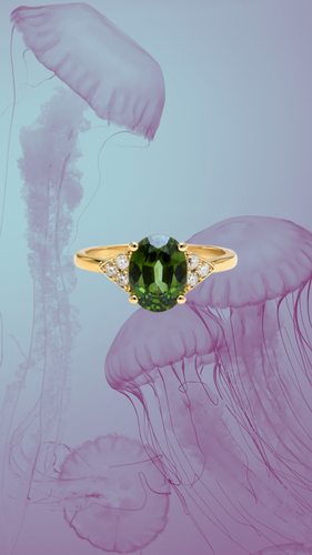53 Bague en or rose avec saphir vert et diamants 58 Facettes B399