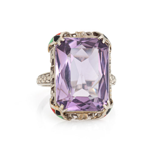 Bague 54 Art déco - Bague cocktail en or blanc 14 carats, améthyste et émail 58 Facettes G13475