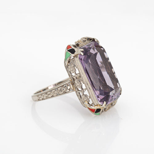 Bague 54 Art déco - Bague cocktail en or blanc 14 carats, améthyste et émail 58 Facettes G13475