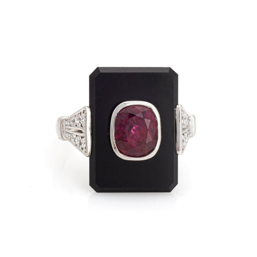 Bague 48 Bague cocktail Art déco en platine 900, rubis, onyx et diamants 58 Facettes G13439