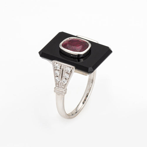 Bague 48 Bague cocktail Art déco en platine 900, rubis, onyx et diamants 58 Facettes G13439