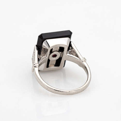 Bague 48 Bague cocktail Art déco en platine 900, rubis, onyx et diamants 58 Facettes G13439