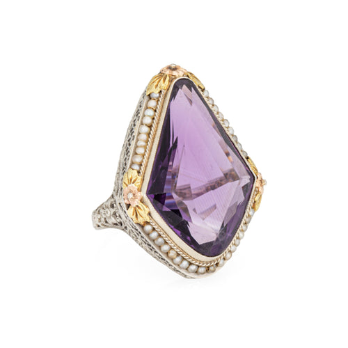 Bague 57 Art déco - Bague améthyste et perles en or blanc 18 carats 58 Facettes G13606