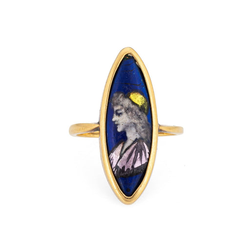 Bague 52 Art déco - Bague navette portrait en émail polychrome, or jaune 18 ct 58 Facettes G12812
