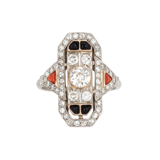 Bague 62 Bague Art déco vintage en platine 900 avec diamants, corail et onyx 58 Facettes G13576