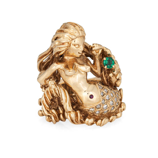Bague Bague sirène vintage en or jaune 14 carats, diamants, émeraude et saphirs 58 Facettes G13679