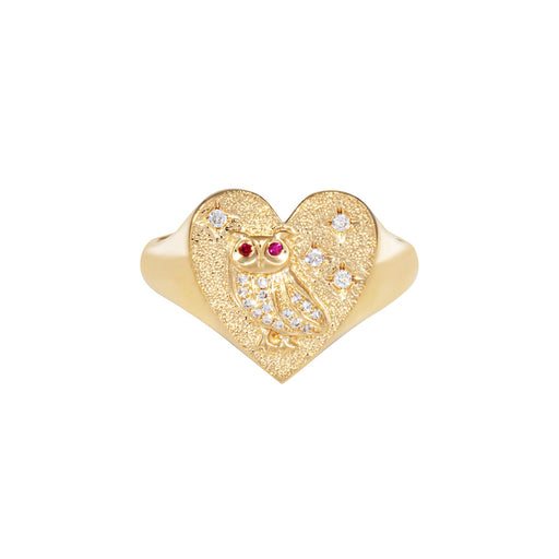 Bague 53 Bague chevalière hibou cœur en or jaune 14k, diamants et rubis 58 Facettes G13854