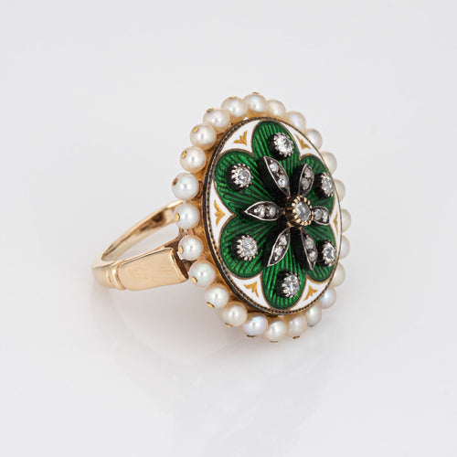Bague 49 Bague cocktail vintage en or jaune 14 carats, diamants, perles et émail vert 58 Facettes G11415