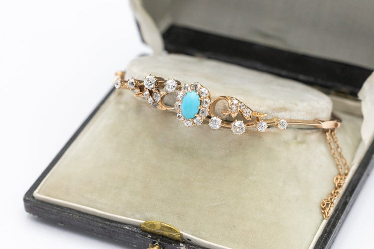 Bracelet ancien - Or 14 carats, diamants et turquoise 58 Facettes 13495