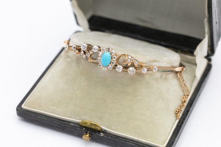 Bracelet ancien - Or 14 carats, diamants et turquoise 58 Facettes 13495
