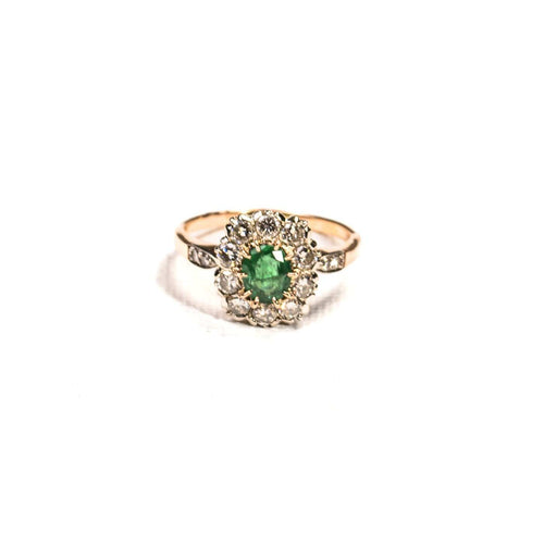 Bague 58 Bague marguerite ovale en or rose, platine, émeraude et diamants 58 Facettes LMB-386